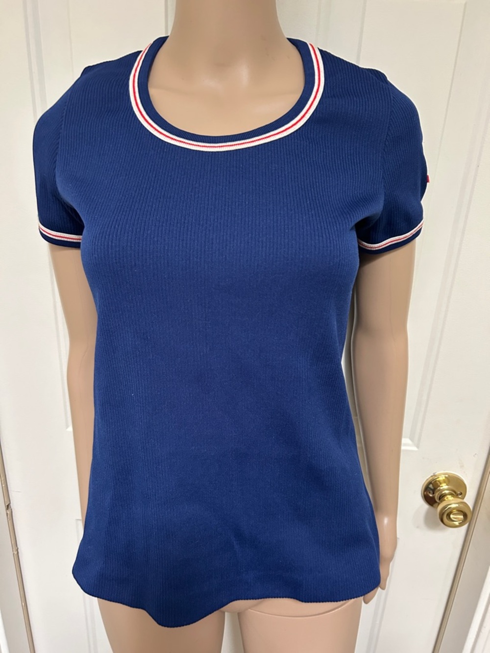 VTG Nautical Navy Short-Sleeve Ribbed Knit Top Red & White Trim Anchor Patch